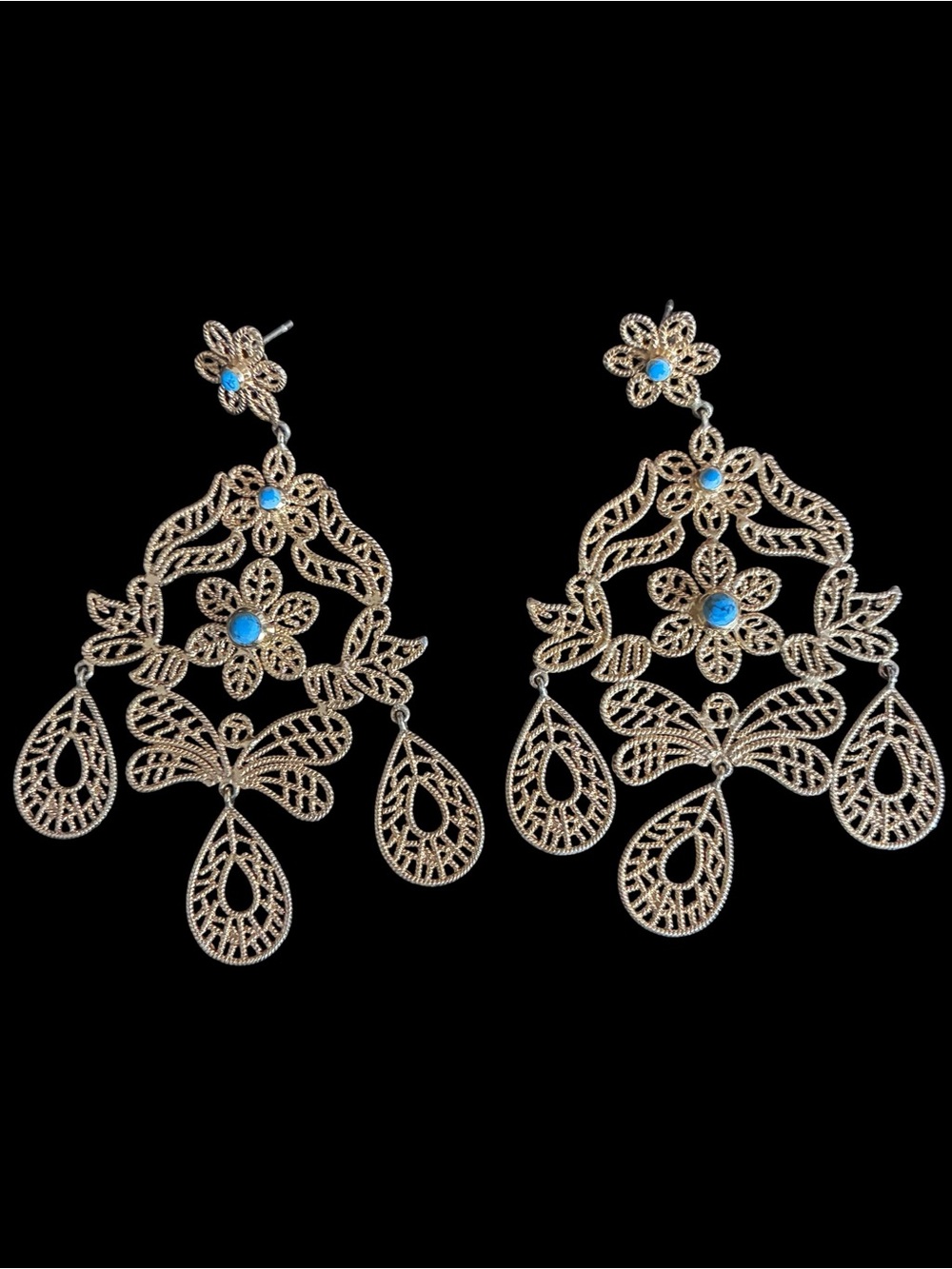 Stunning Filigree Floral Chandelier Earrings with Blue Accents